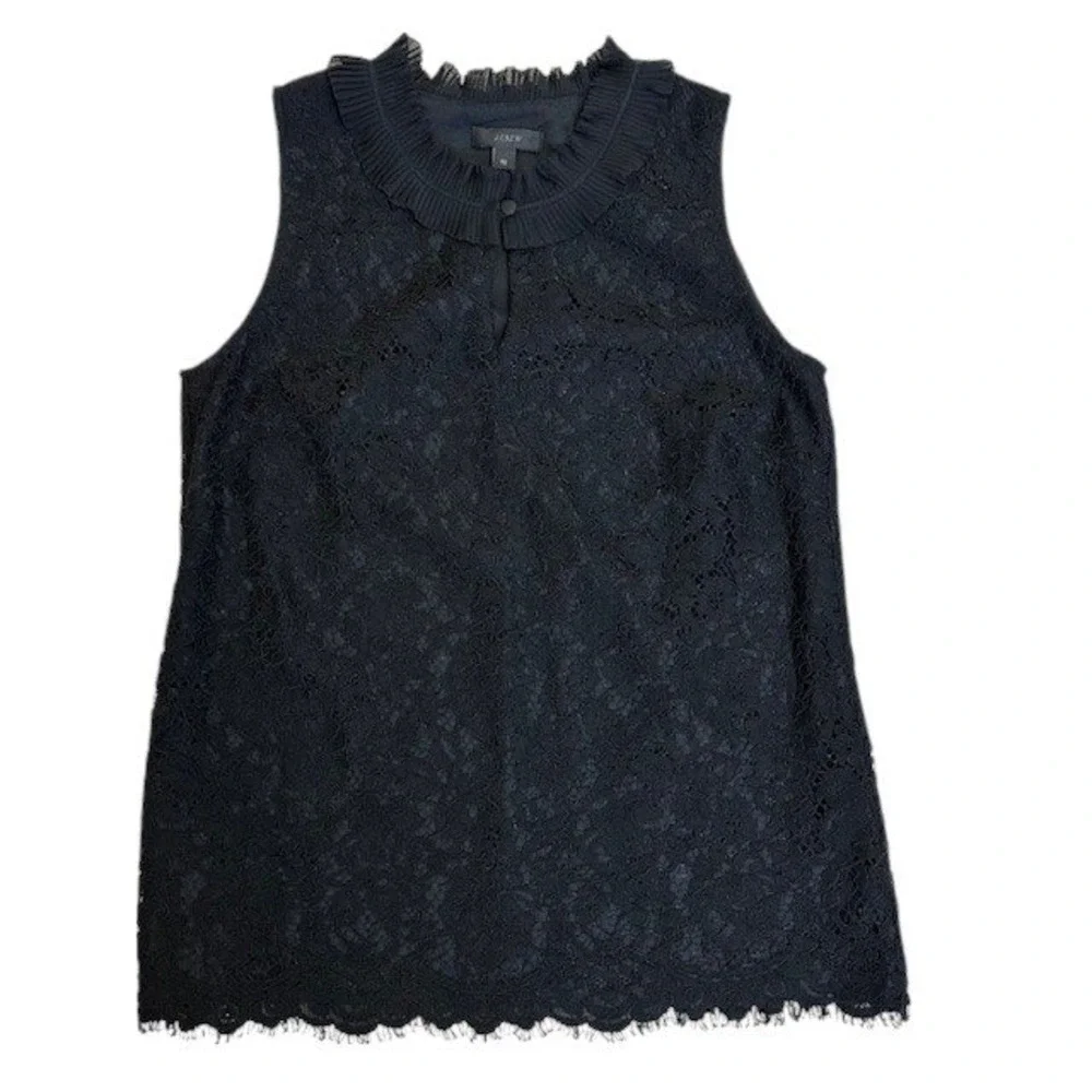 J.Crew Lace Top Ruffle Mock Neck Sleeveless Keyhole Black Blouse Size Tall Small